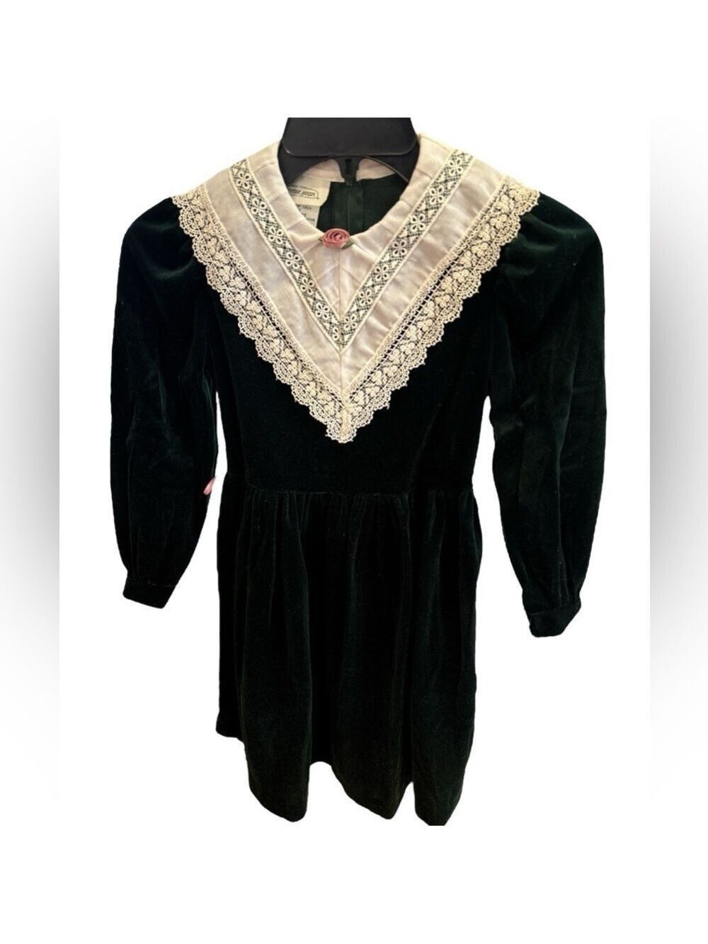 80s BONNIE JEAN GREEN VELVET MIDI DRESS W WHITE & LACE WIDE PEAKED COLLAR SZ 7 - Picture 3 of 7